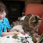 Iris bambina autistica che dipinge col suo gatto al fianco